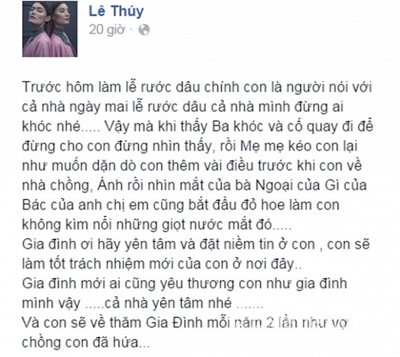 Lê Thúy đổ bệnh,Đỗ Mạnh Cường tặng váy cưới Lê Thúy,đám cưới Lê Thúy tại Quảng Bình,đám cưới Lê Thúy Khải An,đám cưới của Lê Thúy,váy cưới của Lê Thúy