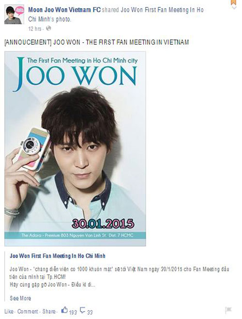 sao Hàn, sao Hàn đến Việt Nam, Joo Won, Vua bánh mì Kim Takgoo, bác sĩ nhân ái Park Shi OnJoo Won sang Việt Nam tổ chức họp fan