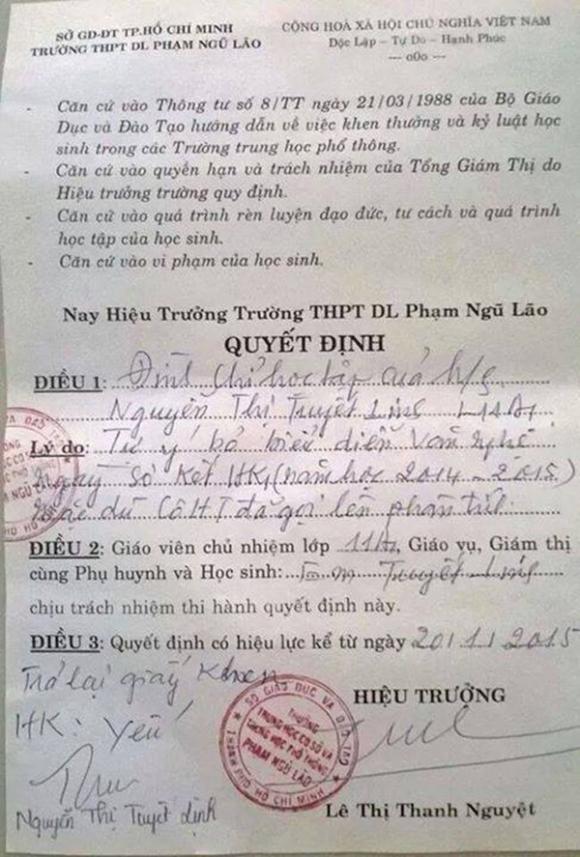 nữ sinh bỏ diễn bị đình chỉ học, nữ sinh bị đình chỉ học, trường Phạm Ngũ Lão, đình chỉ vì bỏ diễn văn nghệ, nữ sinh, trường học