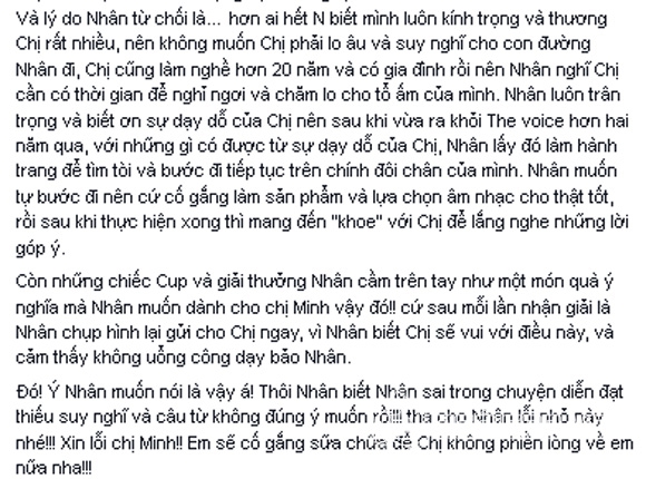 Trúc Nhân và THu Minh, Trúc Nhân lên tiếng xin lỗi, Thu Minh