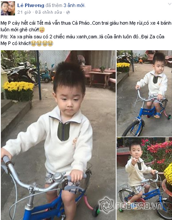 con trai Lê Phương, bé Cà Pháo tập tành đi xe đạp, Lê phương đẹp hơn sau chia tay