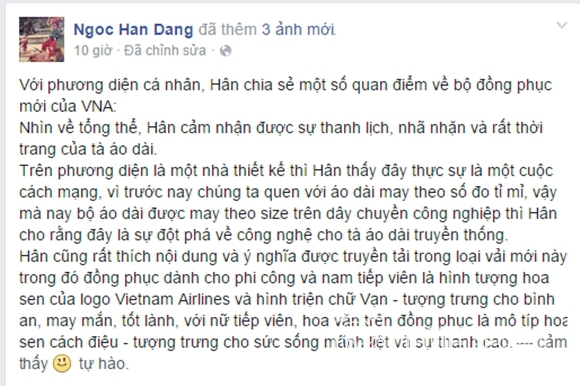 thiết kế mới của Vietnam Airlines, sao Việt tranh cãi về thiết kế của Vietnam Airlines, Đặng Thu Thảo chê thiết kế Vietnam Airlines