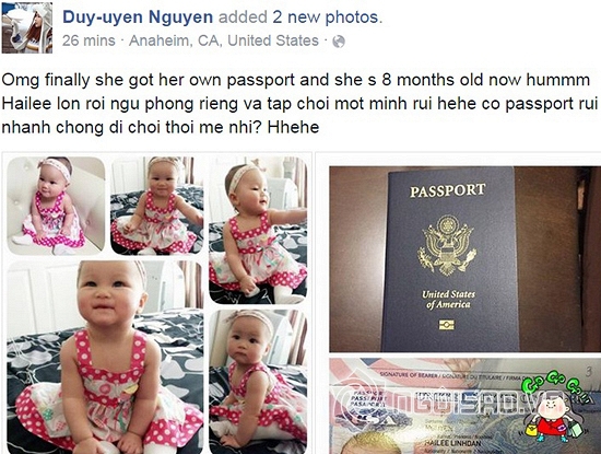 Duy Uyen, Duy Uyen khoe ho chieu con gai, con gai Duy Uyen, con gai Duy Uyen quoc tich my