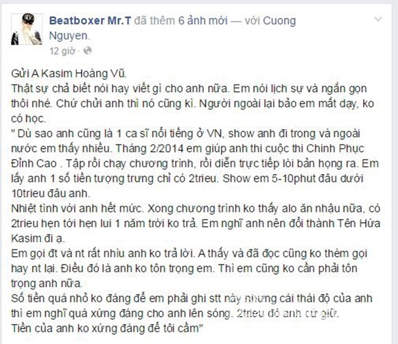 Kasim Hoàng Vũ, Kasim Hoàng Vũ bị tố quỵt tiền, Kasim Hoàng Vũ Mr.T,