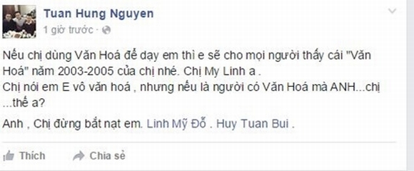 Sao Việt và những lần 'khẩu chiến' ầm ĩ trên facebook, Sao Việt 'khẩu chiến' ầm ĩ trên facebook, sao việt, tuấn hưng, mỹ linh, đàm vĩnh hưng, quang lê, scandal, tin ngôi sao