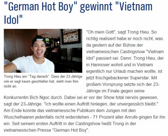 Trọng Hiếu, Trọng Hiếu Idol, quán quân Vietnam Idol 2015, Trọng Hiếu được báo nước ngoài ca ngợi