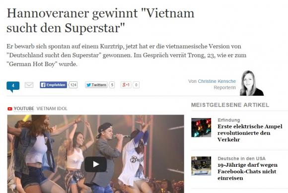 Trọng Hiếu, Trọng Hiếu Idol, quán quân Vietnam Idol 2015, Trọng Hiếu được báo nước ngoài ca ngợi