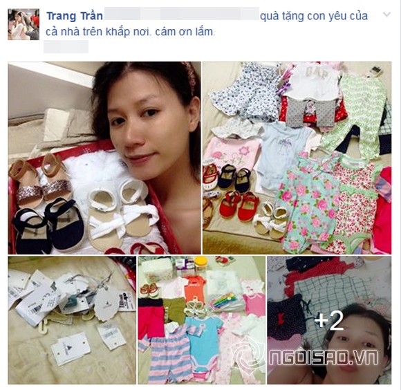 Trang Trần,con sắp sinh của Trang Trần được tặng quần áo,Trang Trần khoe quần áo của con sắp sinh,Trang Trần mang thai ở tháng thứ 6,Trang Trần mang thai con gái đầu lòng
