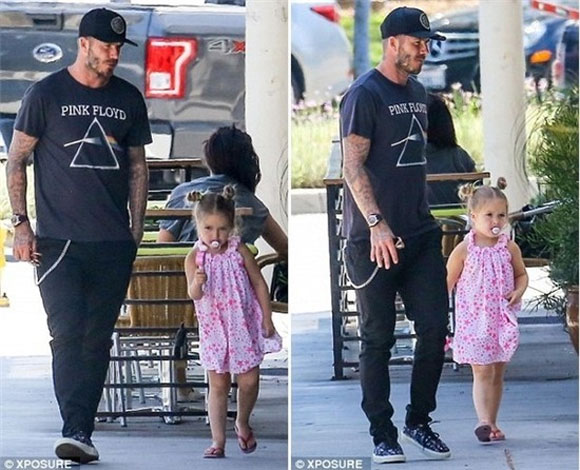 David Beckham,David Beckham phản pháo,bé harper ngậm ti giả,David Beckham đưa con đi chơi