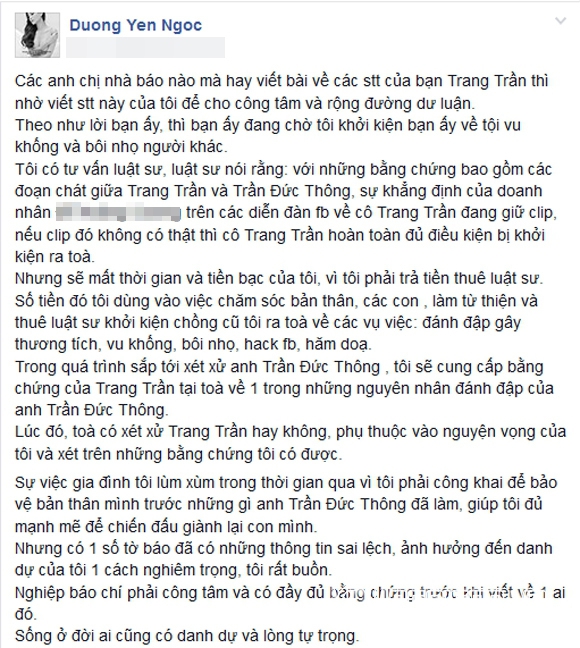 Dương Yến Ngọc,Dương Yến Ngọc khiến Trang Trần ra tòa,Trang Trần,Dương Yến Ngọc khiêu chiến với Trang Trần,sao Việt
