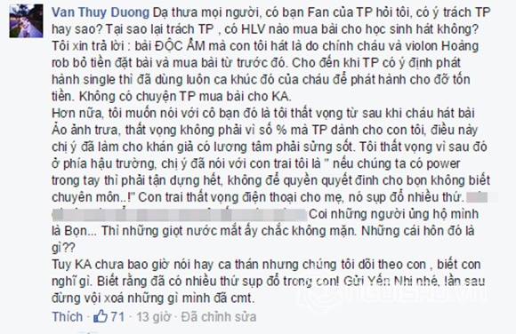 Thu Phương, Thu Phương bị tố vô trách nhiệm, huấn luyện viên Thu Phượng, Giọng hát Việt 2015, The Voice 2015, Dũng Taylor, ca nương Kiều Anh, gia đình ca nương Kiều Anh tố Thu Phương