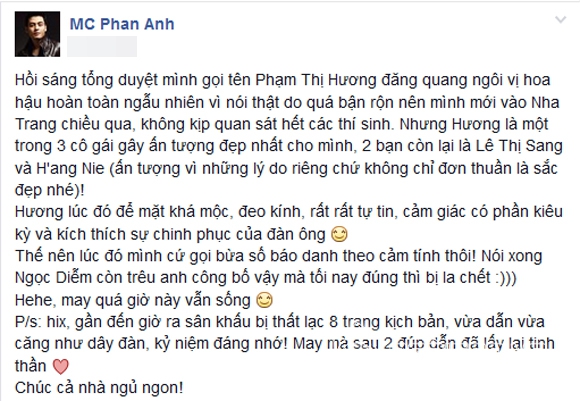 MC Phan Anh,Phan Anh,MC Phan Anh bị mất 8 trang kịch bản,MC Phan Anh dẫn Hoa hậu Hoàn vũ,Hoa hậu Hoàn vũ 2015,sao Việt