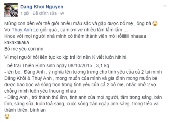 Đăng Khôi, vợ chồng Đăng Khôi, vợ Đăng Khôi sinh con trai, con trai Đăng Khôi, vợ Đăng Khôi, nhóc tỳ, nhóc ỳ showbiz, tin ngôi sao