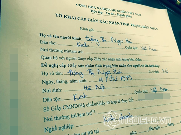 Ngọc Hân,Hoa hậu Ngọc Hân,Ngọc Hân chuẩn bị kết hôn,nghi vấn Ngọc Hân chuẩn bị kết hôn,Ngọc Hân khoe giấy xác nhận tình trạng hôn nhân,sao Việt