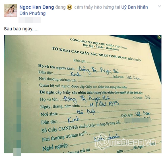 Ngọc Hân,Hoa hậu Ngọc Hân,Ngọc Hân chuẩn bị kết hôn,nghi vấn Ngọc Hân chuẩn bị kết hôn,Ngọc Hân khoe giấy xác nhận tình trạng hôn nhân,sao Việt