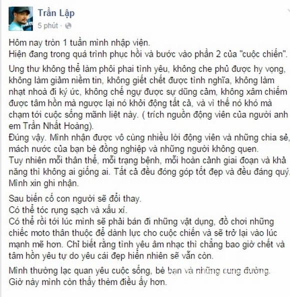 Trần Lập, Trần Lập bị ung thư trực tràng, Trần Lập bị ung thư, nhạc sĩ Trần Lập