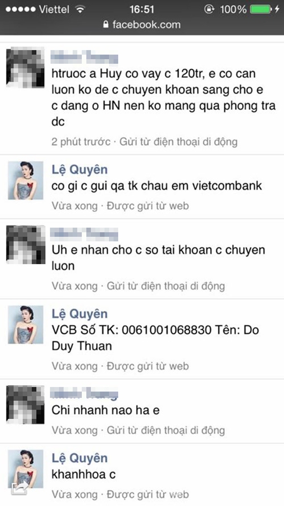 Sao Việt, Sao Việt bị hack facebook, hack facebook, Ngọc Quyên ly hôn, Ngọc Quyên bị hack facebook, Lệ Quyên, Lệ Quyên kêu gọi chuyển tiền, Hồ Quỳnh Hương, Hồ Quỳnh Hương nói xấu Bảo Thy, Bảo Anh, tin