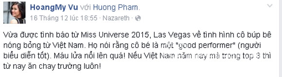 hoàng my,hoàng my dự đoán phạm hương đoạt á hậu,sao việt,phạm hương tại Miss Universe 2015