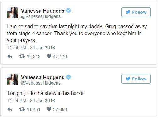Vanessa Hudgens, cha Vanessa Hudgens qua đời, cha Vanessa Hudgens bị ung thư, sao ngoại