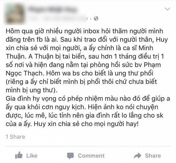 ca sĩ minh thuận ung thư phổi, minh thuận ung thư phổi, ca sĩ Minh Thuận, sao Việt