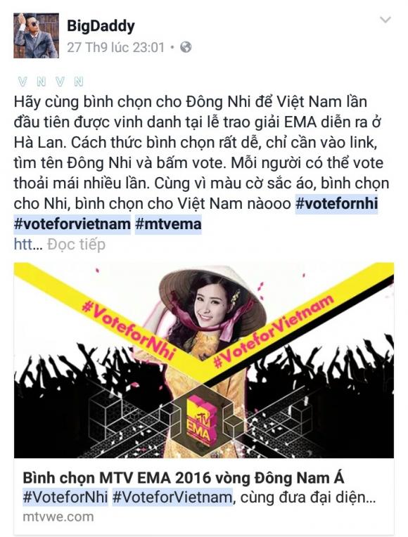 Đông Nhi, sao việt ủng hộ đông nhi, đông nhi MTV EMA 2016, sao Việt