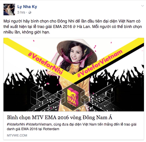 Đông Nhi, sao việt ủng hộ đông nhi, đông nhi MTV EMA 2016, sao Việt
