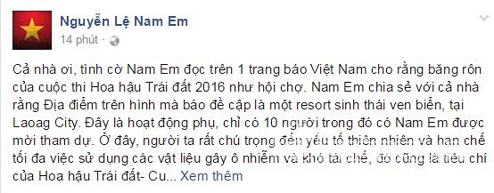 sao việt, hoa hậu việt, hoa hậu trái đất, hoa hậu trái đất 2016, nam em tại hoa hậu trái đất 2016, nam em giải thích về băng rôn