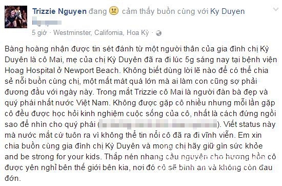 sao việt, mc kỳ duyên, mẹ mc kỳ duyên, mẹ mc kỳ duyên qua đời, sao chia buồn với kỳ duyên 