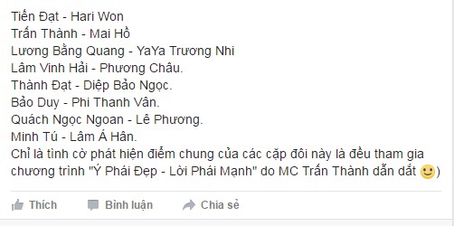cặp đôi sao Việt, sao Việt, Trấn Thành Hari Won, gameshow Việt, Ý phái đẹp lời phái mạnh