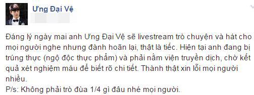 sao việt, ưng đại vệ, ưng đại vệ nhập viện, ưng đại vệ bị ngộ độc thực phẩm, ca sĩ ưng đại vệ 