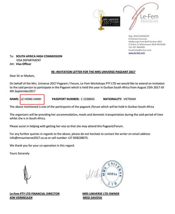 Mrs Universe, Hoa hậu Hoàn vũ Thế giới 2017, Hạnh Lê, Sao Việt