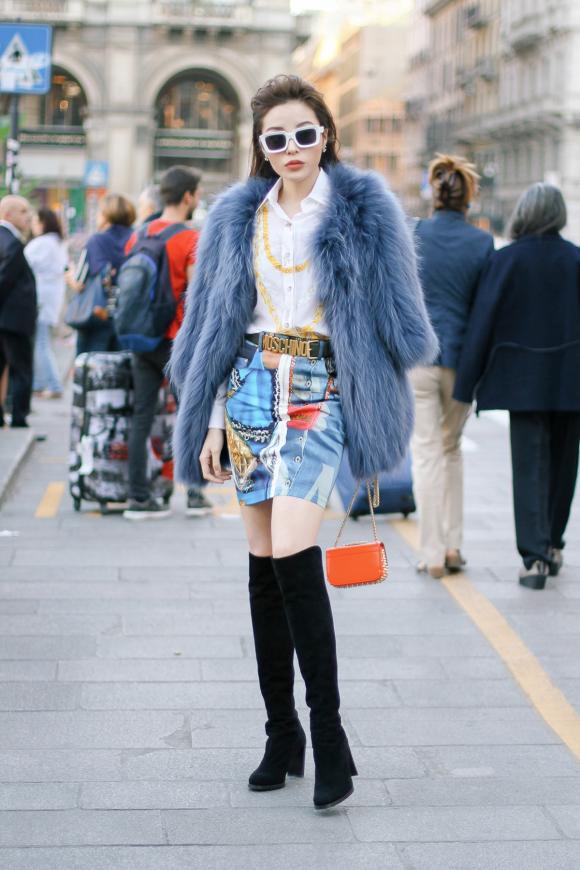 thời trang sao,sao Việt,Hoa hậu Kỳ Duyên,street style của sao,Moschino,Tuần lễ thời trang Milan