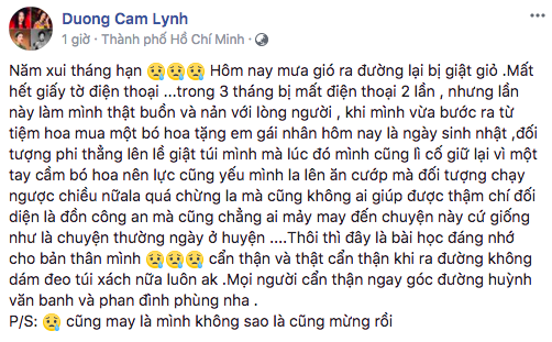 Dương Cẩm Lynh,Dương Cẩm Lynh bị giật túi xách,sao Việt