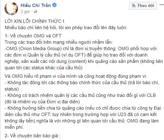 bùi tiến dũng, thủ môn tiến dũng, Hiếu Orion xin lỗi 