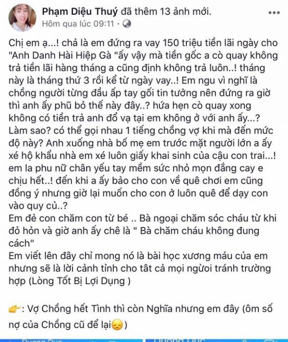 Vợ ba Hiệp Gà tố chồng vay 150 triệu không trả, còn xé hộ khẩu và giấy ...