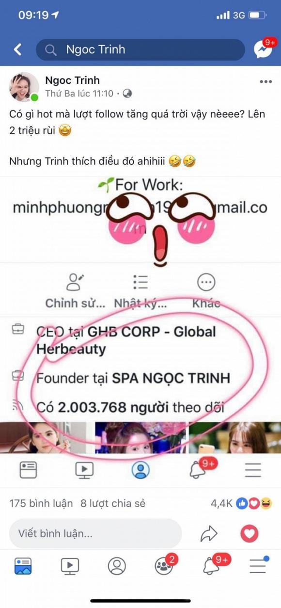 Trang Facebook cá nhân của Ngọc Trinh đạt hơn 2 triệu lượt theo dõi sau thông tin nắm quyền điều hành công ty 140 tỉ ngọc trinh,sao việt