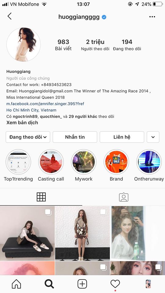 Hương Giang, lượng người theo dõi Hương Giang, Hoa hậu chuyển giới quốc tế, instagram Hương Giang 