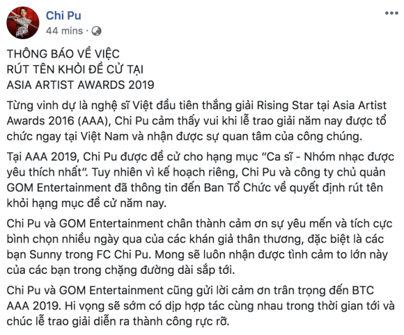 Erik, Chi Pu, Đức Phúc lần lượt rút khỏi đề cử tại AAA 2019, BTC phải lên tiếng trấn an dư luận
